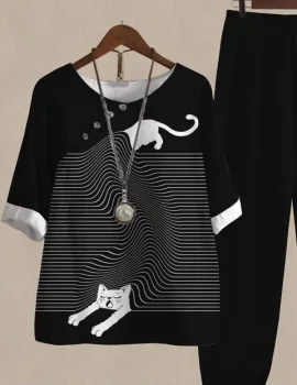 Fun Cat Print Casual Two Piece Set