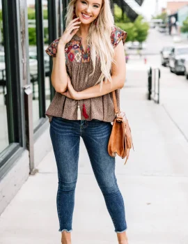 Here For The Journey Brown Embroidered Top