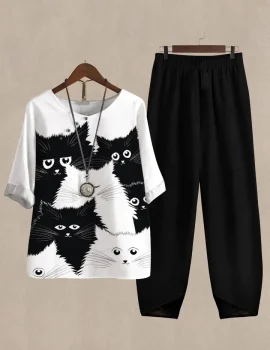 Linen Casual Women’s Cartoon Cat Print Two Pieces Set