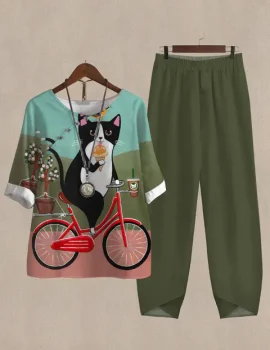 Biker Cat Print Loose Casual Two-Piece Suits