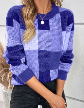 Casual Cotton Plaid Pattern Drop Shoulder Sweater