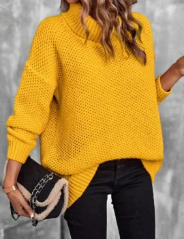 Turtleneck Drop Shoulder Pointelle Knit Sweater