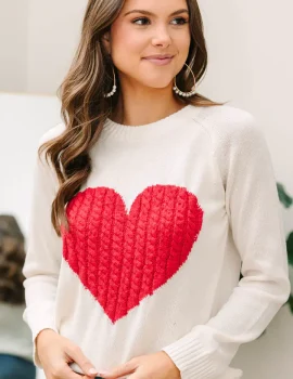 All For Love Ivory and Red Heart Sweater