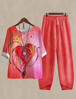 Linen Casual Women’s Heart Print Two Pieces Set