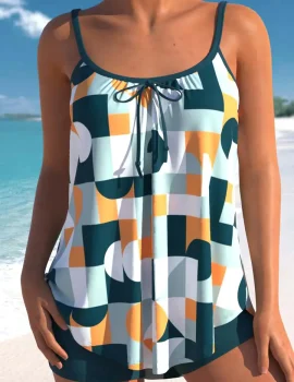 Geometric Print Bowknot Tankini Set