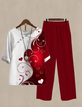 Women’s Floral Heart Print Half Sleeve Top And Casual Pants Linen Two Pieces