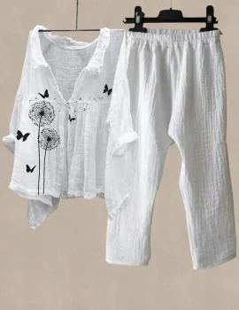 Linen Women’s Butterfly And Dandelion Print Casual Two Pieces Set