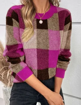 Casual Cotton Plaid Pattern Drop Shoulder Sweater