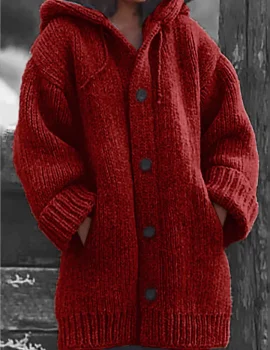 Button Down Hooded Knitted Cardigan Plus Size Knit coat