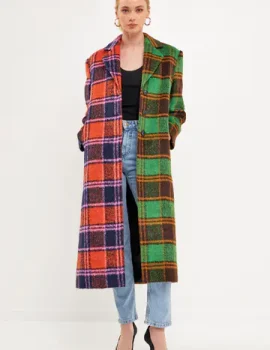 Colorblock Plaid Trench Coat