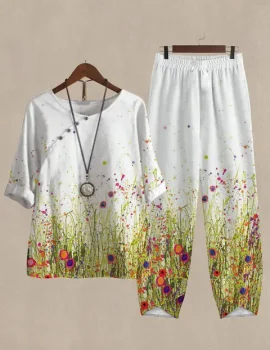 Oil Botanical Print Top And Pants Two-piece Suits