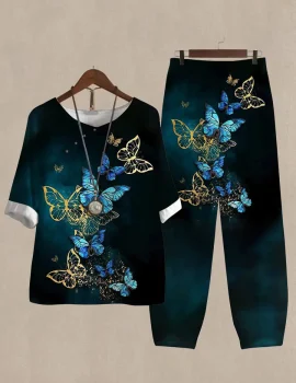 Women’s Butterfly Pattern Print Half Sleeve Top And Casual Pants Linen Two Pieces