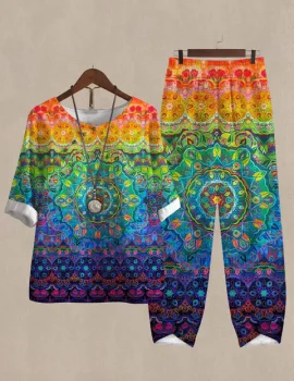 Women’s Colorful Pattern Print Half Sleeve Top And Casual Pants Linen Two Pieces