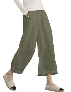 Womens Casual Loose Elastic Waist Cotton linen Trouser Cropped Wide Leg Pants