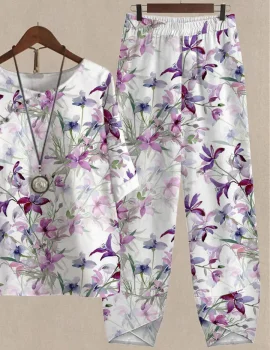 Purple Watercolor Floral Print Top And Pants Casual Two-piece Suits