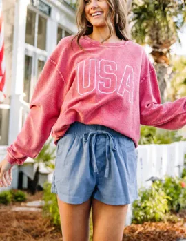 USA Red Corded Embroidered Sweatshirt