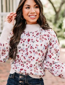 All In Fun Natural White Floral Sweater