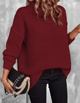 Turtleneck Drop Shoulder Pointelle Knit Sweater