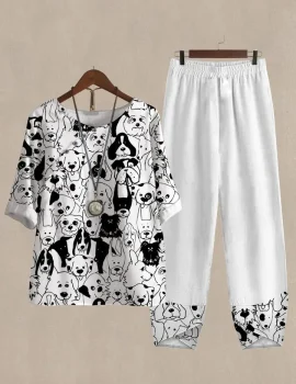 Cute Cartoon Puppy Print Top And Pants Two Piece Suits