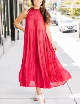 Come To Me Ruby Red Tiered Midi Dress