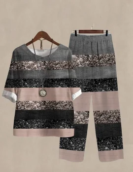 Linen Casual Women’s Color Block Multicolor Print Two Pieces Set