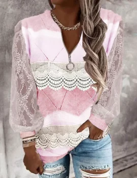 Color block casual zipper lace sleeve top