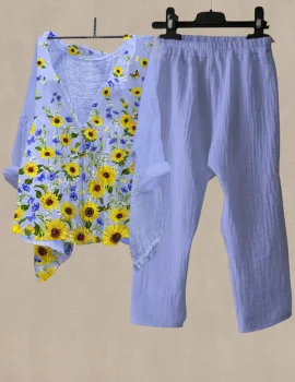 Women’s Sunflower Print Shirt Collar Top And Casual Pants Linen Two Pieces