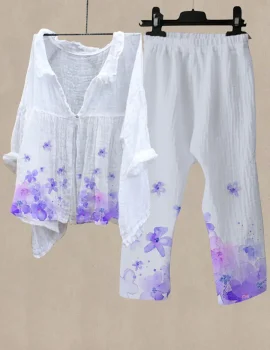 Women’s Purple Flower Print Shirt Collar Top And Casual Pants Linen Two Pieces