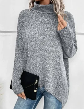 Turtleneck Batwing Sleeve Asymmetrical Hem Sweater