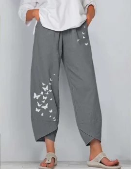 Butterfly Print Cotton and Linen Crop Pants