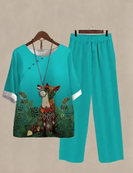 Women’s Fox Print Half Sleeve Top And Wide Leg Pants Linen Two Pieces