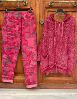 Zipper Hooded Coat And Camouflage Pants Set