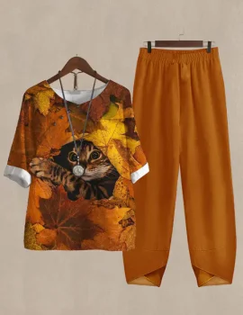 Linen Casual Women’s Maple And Cat Print Two Pieces Set