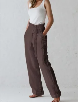 Coffee Cotton Linen Lace Up Casual Pants