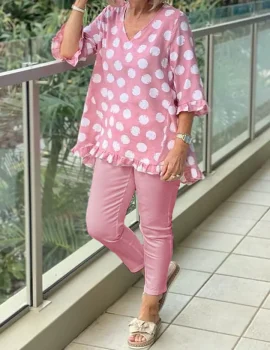 Casual V Neck Polka Dots Printed Two-Piece Set