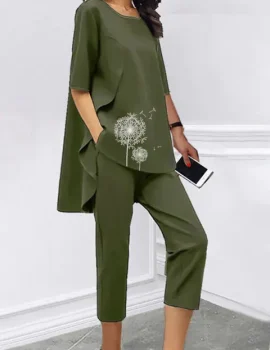 Product: Loose Short Sleeve Casual Printed Seven-piece Two-piece Suit  Gender: Women  Type: Women’s Suit  Color: Black; Khaki; Green