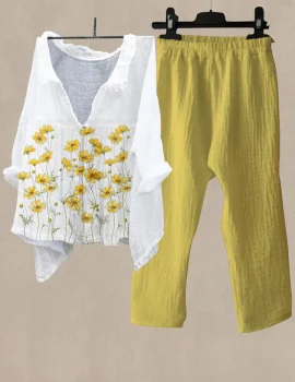 Women’s Yellow Flower Print Shirt Collar Top And Casual Pants Linen Two Pieces