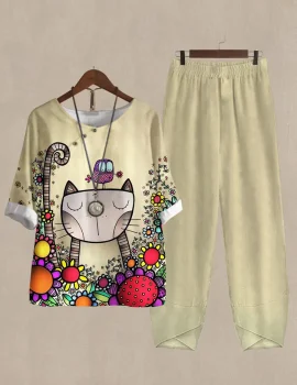 Linen Casual Women’s Cat And Bird Print Two Pieces Set