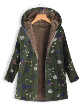 Floral Print Hooded Long Sleeve Pockets Vintage Coats