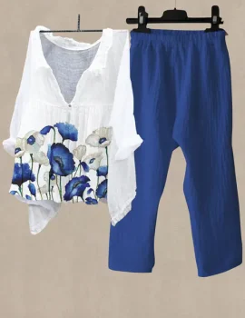 Women’s Blue Flower Print Shirt Collar Top And Casual Pants Linen Two Pieces