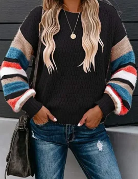 Striped Pattern Sleeve Crew Neck Pullover Sweater