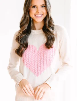 All For Love Oatmeal and Pink Heart Sweater