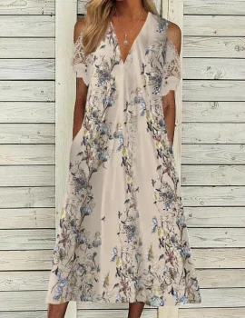 Floral Print Off Shoulder Dress Elegant V-Neck Midi Dress