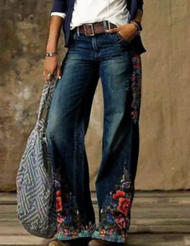 Slant Pocket Printed Wide Leg Jeans