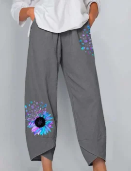 Plus Size Cotton Linen Sunflower Print Pants