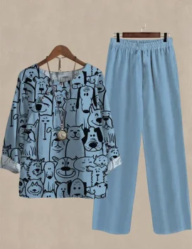 Spring and Autumn Cute Dog Print Long Sleeve Two Piece Suits