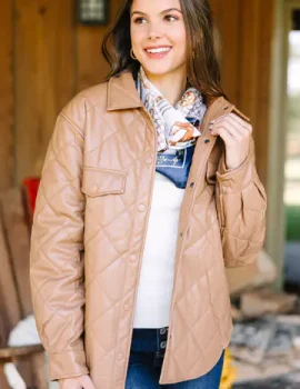 On A Mission Camel Brown Faux Leather Puffer Jacket