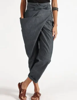 Solid Tie Front Irregular Pocket Crop Pants