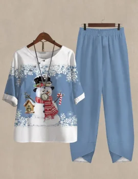 Christmas Cartoon Snowman Print Casual Two Piece Set