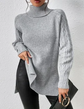 Turtleneck Raglan Sleeve Split Hem Cable Knit Sweater